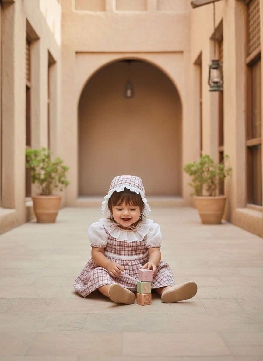 A lifestyle photograph of a smiling baby girl sitting on a stone-tiled floor in a warm, sandy-toned architectural corridor featuring a large archway and a vintage hanging lantern. She is dressed in the Cordoba set, a short-sleeved dress and matching bonnet with a red-brown and cream plaid pattern. The dress is detailed with white puffed sleeves and a wide ruffled white collar, and the matching bonnet has a white ruffled trim. She is looking down happily while stacking soft pink and green toy blocks.