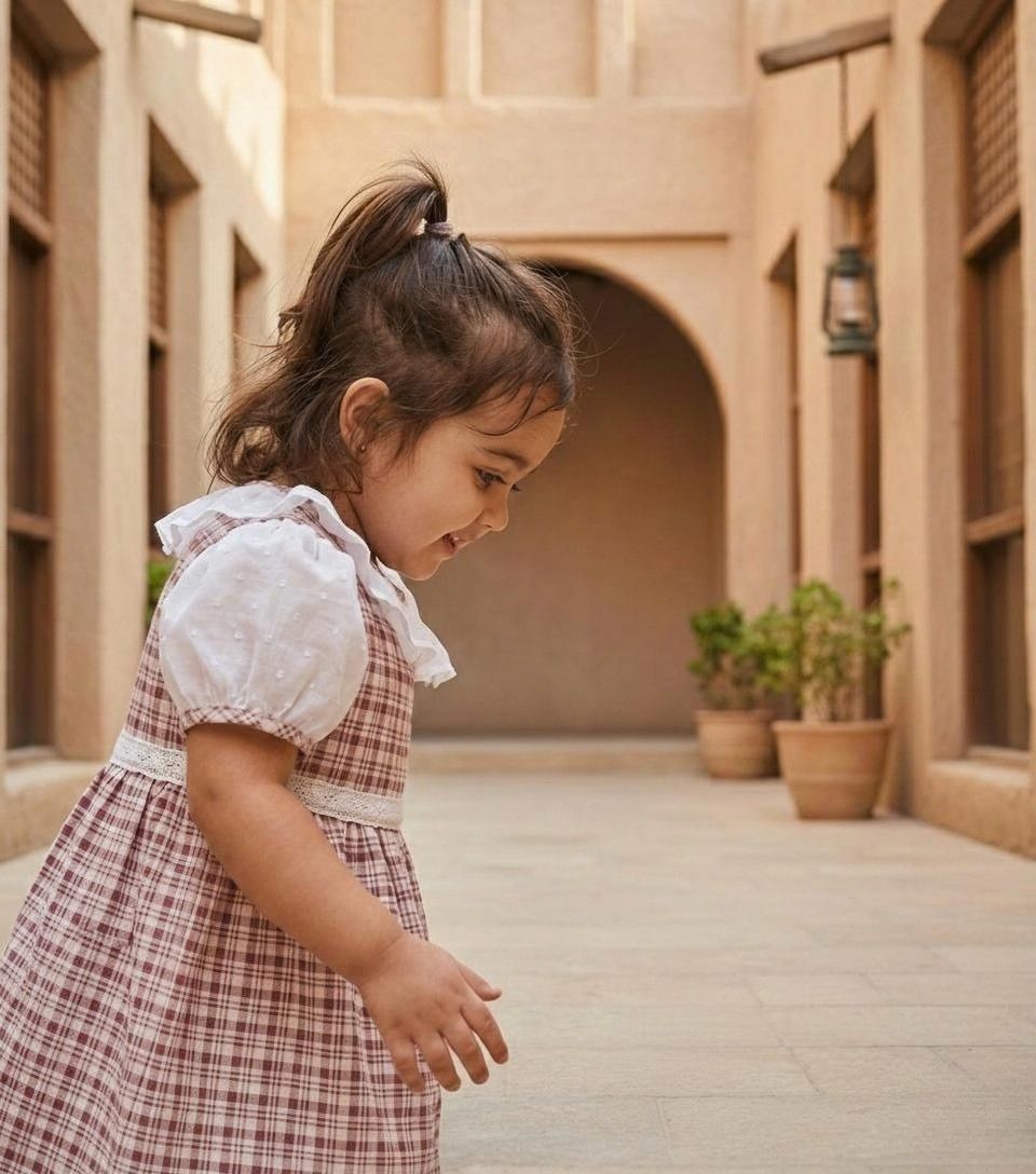 A side-angle lifestyle photograph of a young girl captured in motion while walking through a warm, sandy-toned stone corridor with high walls and potted plants in the background. She is wearing the Cordoba dress, featuring a classic red-brown and cream checkered plaid pattern. The design includes white puffed short sleeves with plaid trim, a white ruffled collar, and a delicate white lace-style band across the waistline. She has her hair pulled back into a half-ponytail and is looking downward with a smile.