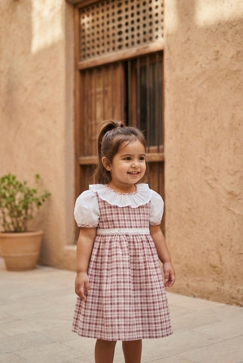 A portrait lifestyle photograph of a smiling young girl standing outside on a stone-tiled ground. She is wearing the Cordoba dress, which features a red-brown and cream checkered plaid print, white puffed short sleeves with plaid trim, a wide white ruffled collar, and a delicate white lace-style band across the waist. She has her hair styled in a high half-ponytail, against a background of a warm, sandy-toned stone wall with a rustic wooden window frame and a potted green plant.