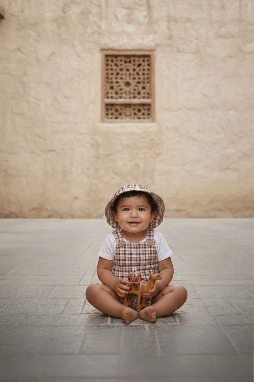 A portrait-style lifestyle photograph of a smiling baby sitting cross-legged and barefoot in the center of a grey stone-tiled floor. The baby is wearing the Cordoba outfit, featuring short romper overalls and a matching bucket hat in a red-brown and cream checkered plaid fabric, worn over a plain white short-sleeved t-shirt. The baby is holding a small toy camel against a backdrop of a warm, sandy-colored textured stone wall with a centrally framed ornate lattice window cutout.