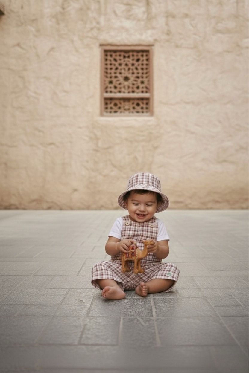 A lifestyle photograph of a smiling baby sitting barefoot on a grey stone-tiled floor. The baby is wearing the Cordoba set, which includes short romper overalls and a matching bucket hat in a red-brown and cream checkered plaid fabric, worn over a simple white short-sleeved t-shirt. The baby is holding a small toy camel against a backdrop of a warm, sandy-coloured textured stone wall with an ornate lattice window cutout.