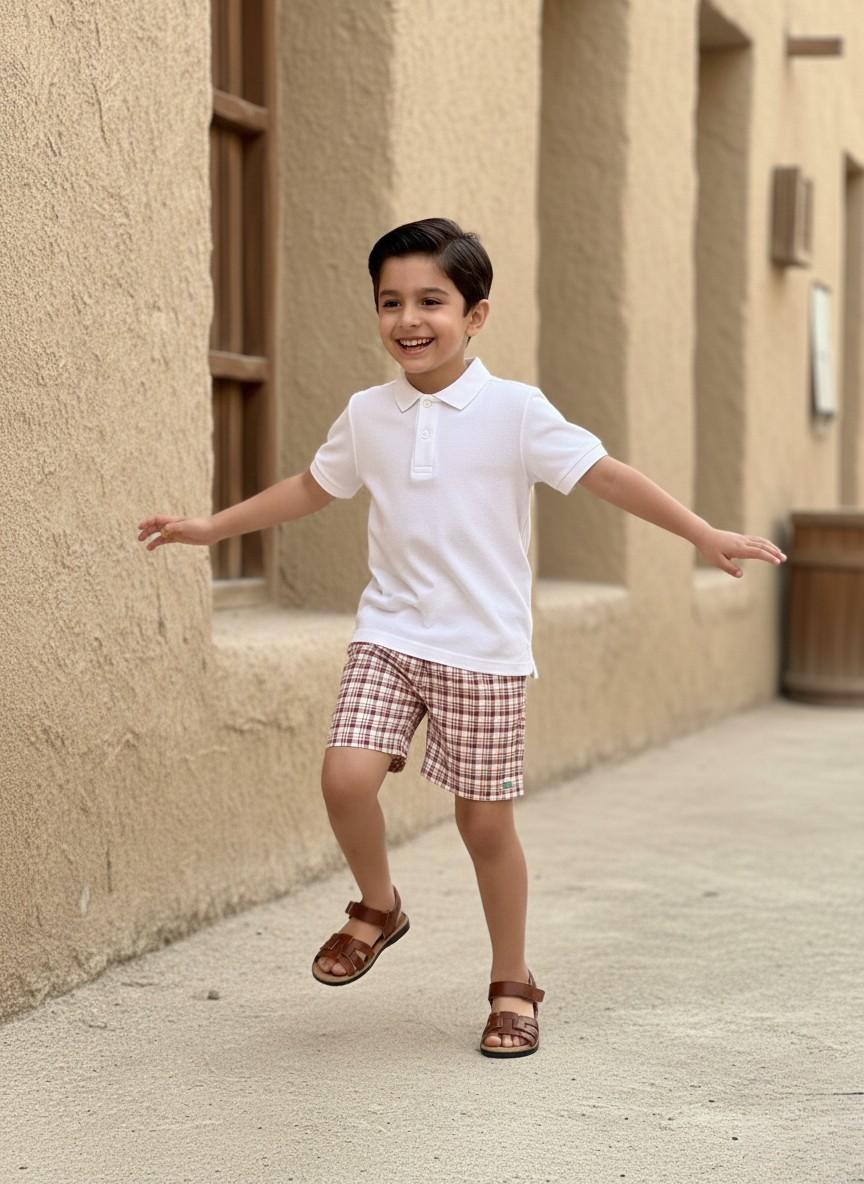 An action lifestyle photograph of a laughing young boy skipping playfully outdoors in an alley with rustic, sandy-toned stone walls. He is wearing the Cordoba outfit, which features a clean white short-sleeved polo shirt paired with red-brown and cream checkered plaid shorts. He has his arms outstretched for balance and is wearing brown leather strappy sandals.