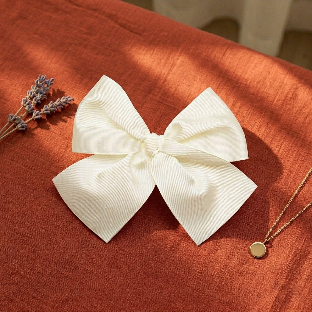 A product flat-lay photograph of a large 14 cm cream or off-white ribbed fabric hair bow clip, centered on a warm rust-terracotta linen backdrop. The bow features wide structured loops, a tied center knot, and flared tails. A sprig of dried lavender rests on the upper left, and a delicate gold chain necklace with a round pendant lies on the lower right.