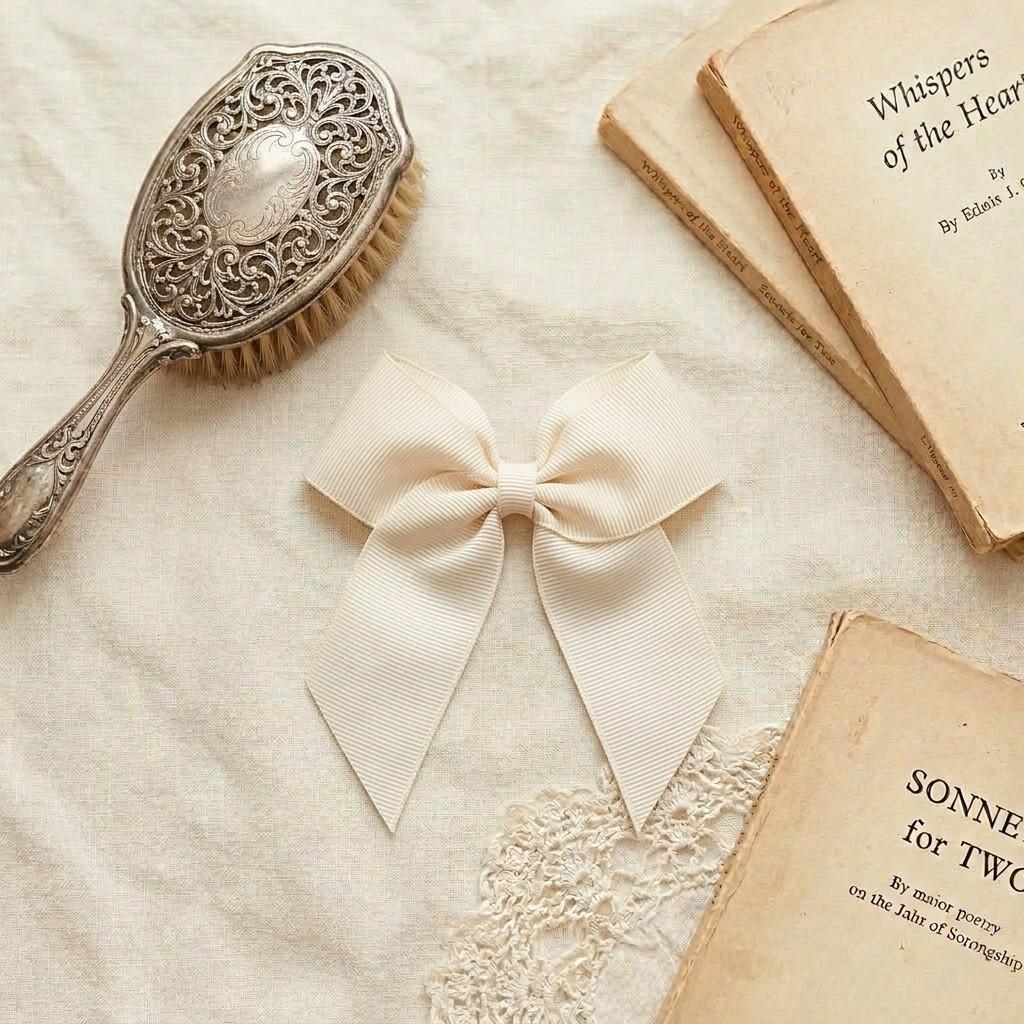 A flat lay photograph of a cream-colored grosgrain ribbon hair bow with long tapered tails. The bow is centered on a neutral linen fabric, styled alongside an ornate vintage silver hairbrush and old antique books for a classic aesthetic.
