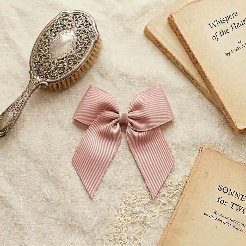 A flat lay photograph of a large, dusty pink grosgrain ribbon bow hair clip. The bow is centered on a cream-colored textured fabric backdrop, styled with a vintage silver-backed hairbrush and two old, weathered books. The scene uses soft, natural lighting to highlight the ribbed texture of the ribbon and the romantic, heirloom quality of the accessory.