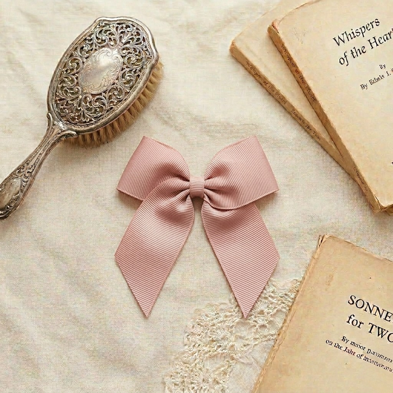 A flat lay photograph of a large, dusty pink grosgrain ribbon bow hair clip. The bow is centered on a cream-colored textured fabric backdrop, styled with a vintage silver-backed hairbrush and two old, weathered books. The scene uses soft, natural lighting to highlight the ribbed texture of the ribbon and the romantic, heirloom quality of the accessory.