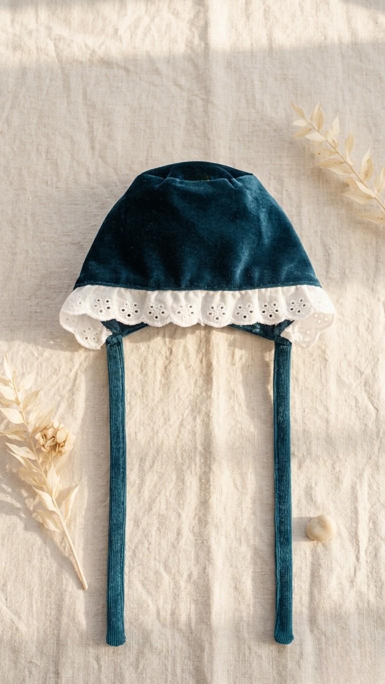 A flat lay photograph of an emerald green velvet baby bonnet on a neutral linen fabric. The bonnet features a delicate white scalloped eyelet lace trim and long matching velvet ties, styled with dried botanical stems and a small stone in soft, natural sunlight.