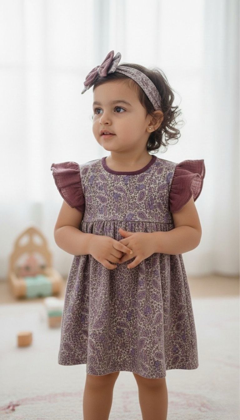 A lifestyle photograph of a young girl with dark curly hair wearing the Larisa dress. The dress features an intricate purple and lavender paisley print with vibrant plum-colored ruffled muslin sleeves and a matching plum crew neckline. She is also wearing a coordinating paisley headband with a plum bow. She is standing and looking off-camera in a bright, airy room with soft-focus wooden toys and a window in the background.