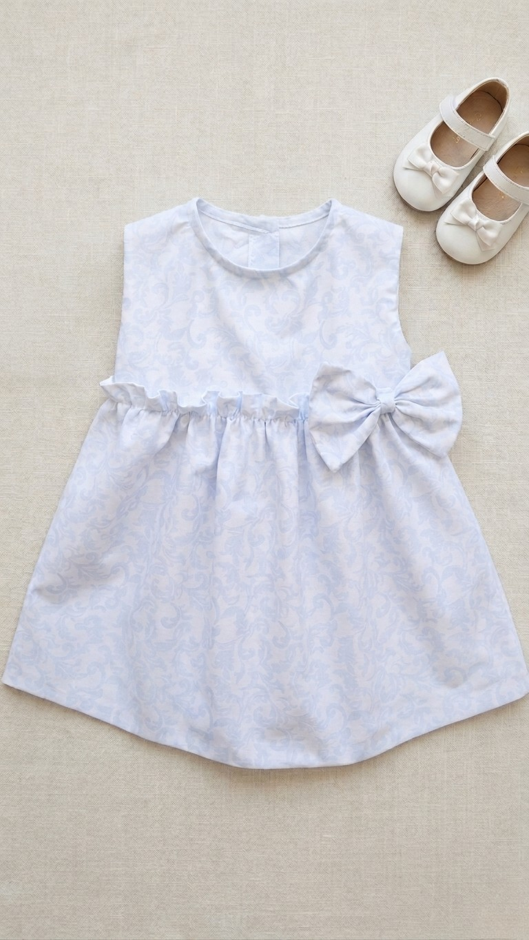 A flat lay photograph of the Malaga sleeveless baby dress in a light blue and white damask-style swirl pattern. The dress features a ruffled empire waistline with a large matching fabric bow on the side. It is styled on a neutral linen background next to a pair of small white Mary Jane shoes with matching bows.