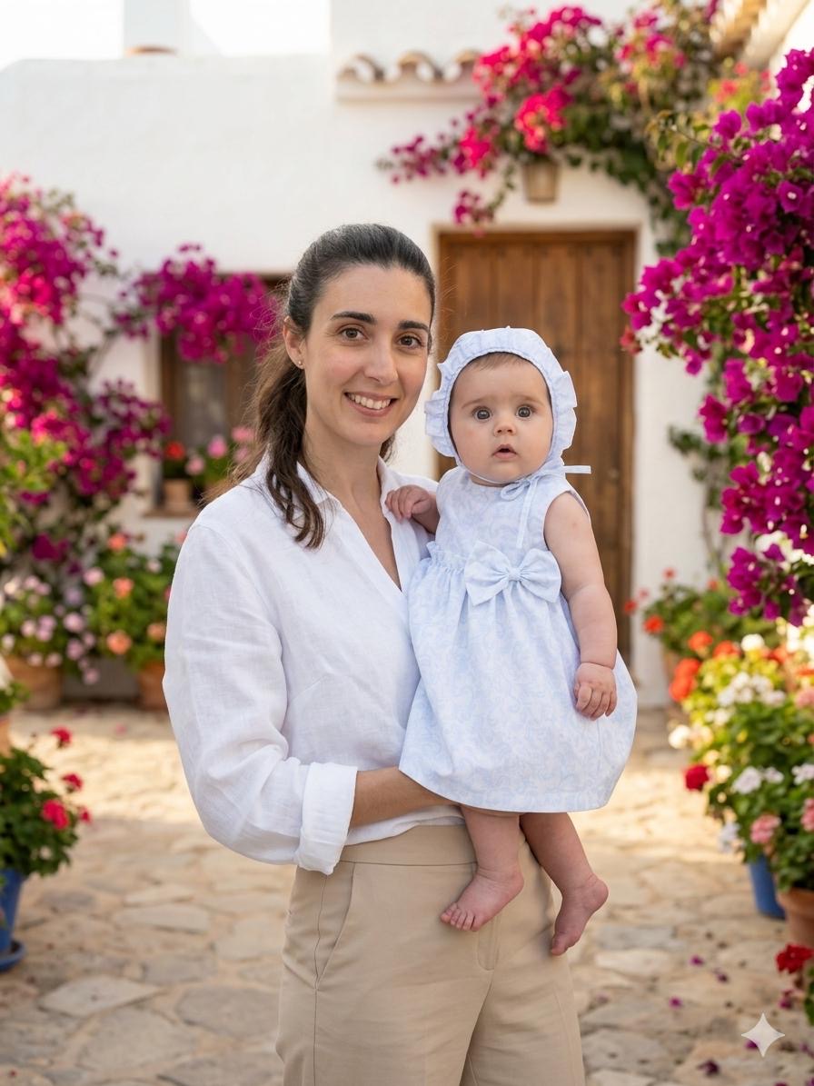 A lifestyle photograph of a mother holding her baby in a Mediterranean courtyard filled with blooming pink bougainvillea. The baby wears the Malaga light blue sleeveless dress with a front waist bow and a matching eyelet-trimmed bonnet, while the mother wears a crisp white linen shirt and beige trousers.