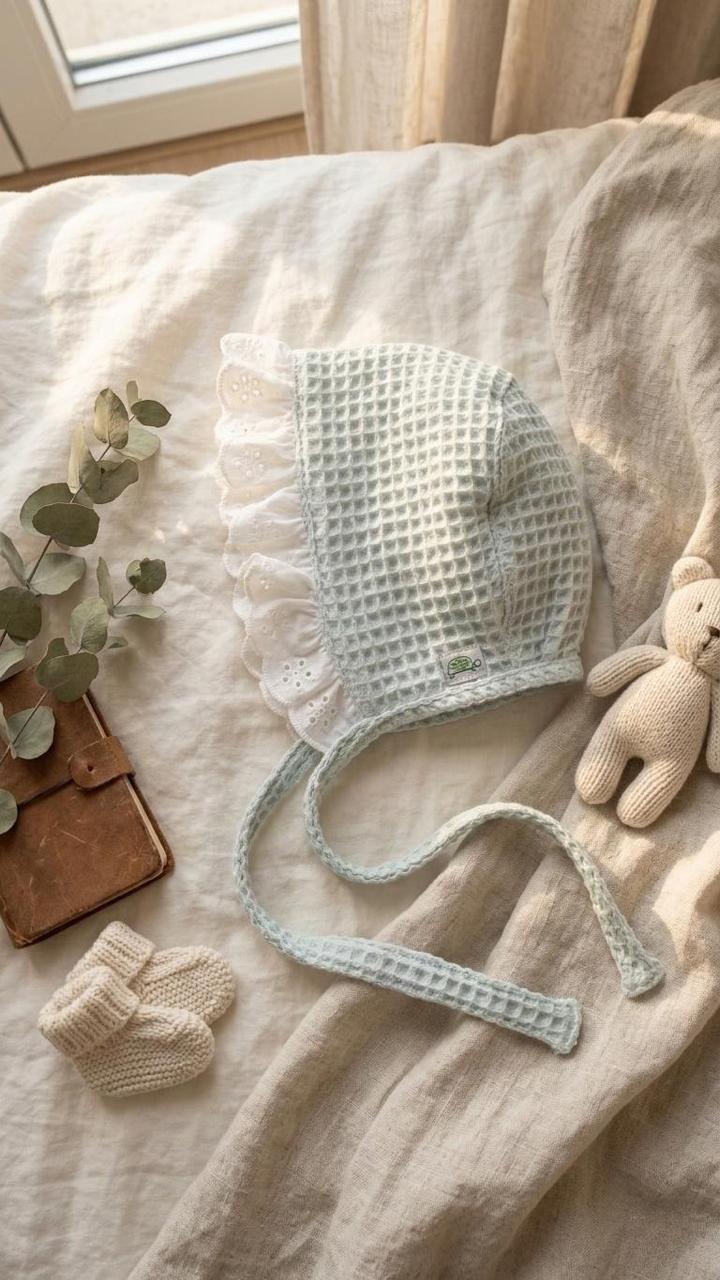 A side-view photograph of a light mint green baby bonnet made from a textured waffle-weave fabric. The bonnet features a wide, white scalloped eyelet lace trim and long matching mint waffle-knit ties. It is styled on a neutral linen backdrop next to a small knitted teddy bear, a pair of cream booties, and a leather notebook in soft, natural sunlight.