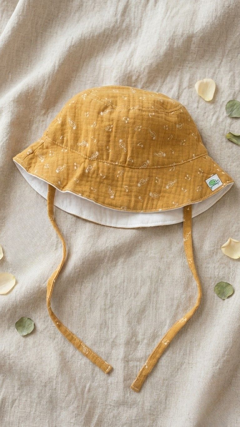 A flat lay photograph of a baby bucket hat made from mustard yellow muslin fabric with a white music note print. The hat features matching fabric chin straps and a small green turtle brand label on the brim. It is styled on a neutral linen backdrop with scattered white flower petals and green leaves.