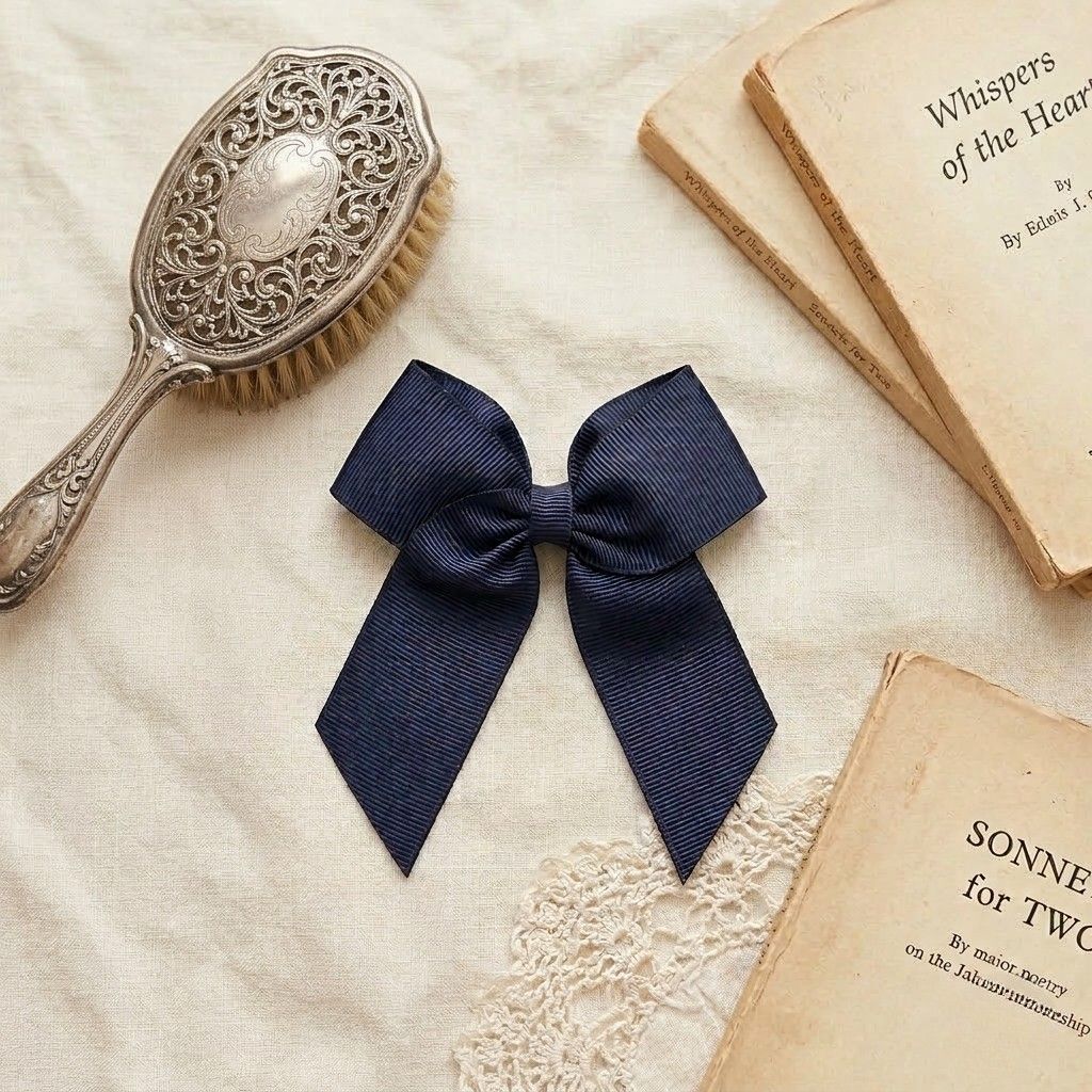 A flat lay photograph of a classic navy blue grosgrain ribbon hair bow with long tails. The bow is centered on a neutral linen fabric, styled with a vintage silver hairbrush and antique books to create a timeless, elegant look.