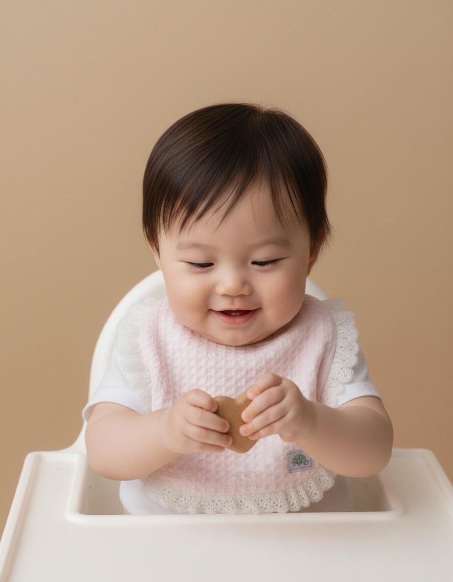 A lifestyle photograph of a smiling baby sitting in a white highchair wearing a light pink waffle-weave bib with white eyelet lace trim. The baby is holding a small wooden heart toy. The background is a solid, warm neutral tan color, and the baby is wearing a simple white t-shirt under the bib.