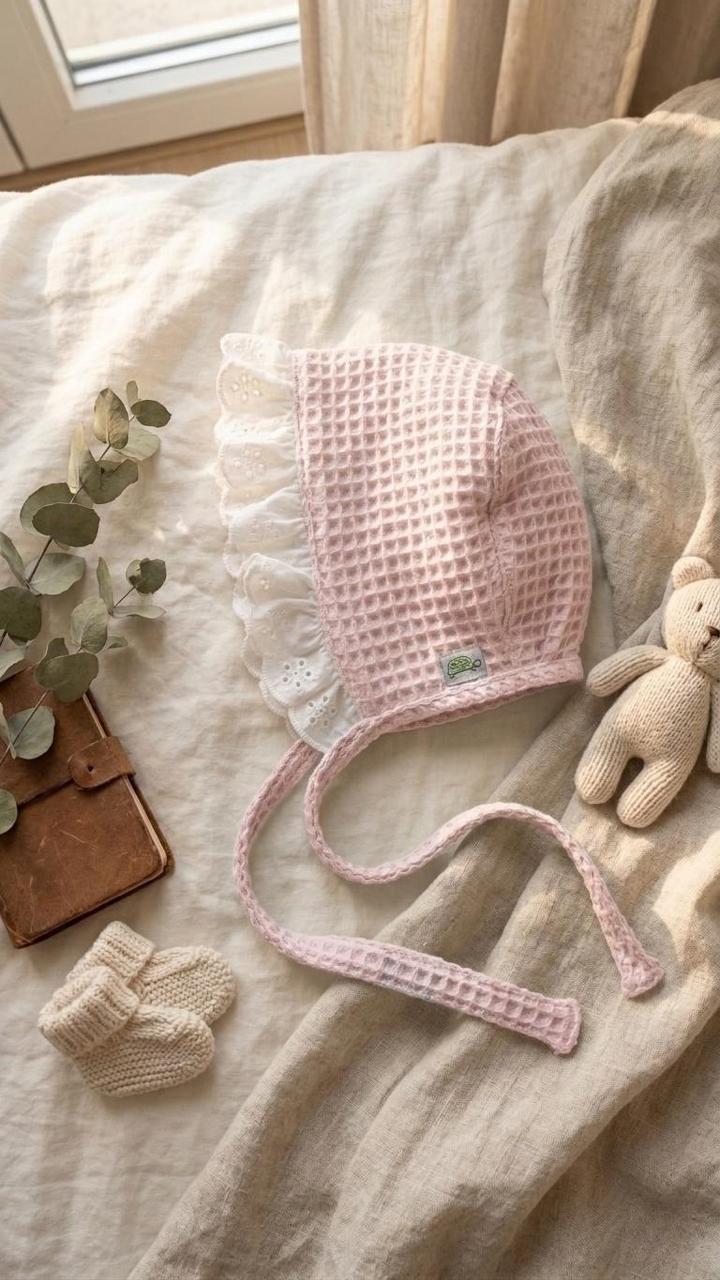 A side-view photograph of a light pink baby bonnet made from a textured waffle-weave fabric. The bonnet features a wide, white scalloped eyelet lace trim and long matching waffle-knit ties. It is styled on a neutral linen backdrop next to a small knitted teddy bear, a pair of cream booties, and a leather notebook in soft, natural sunlight.