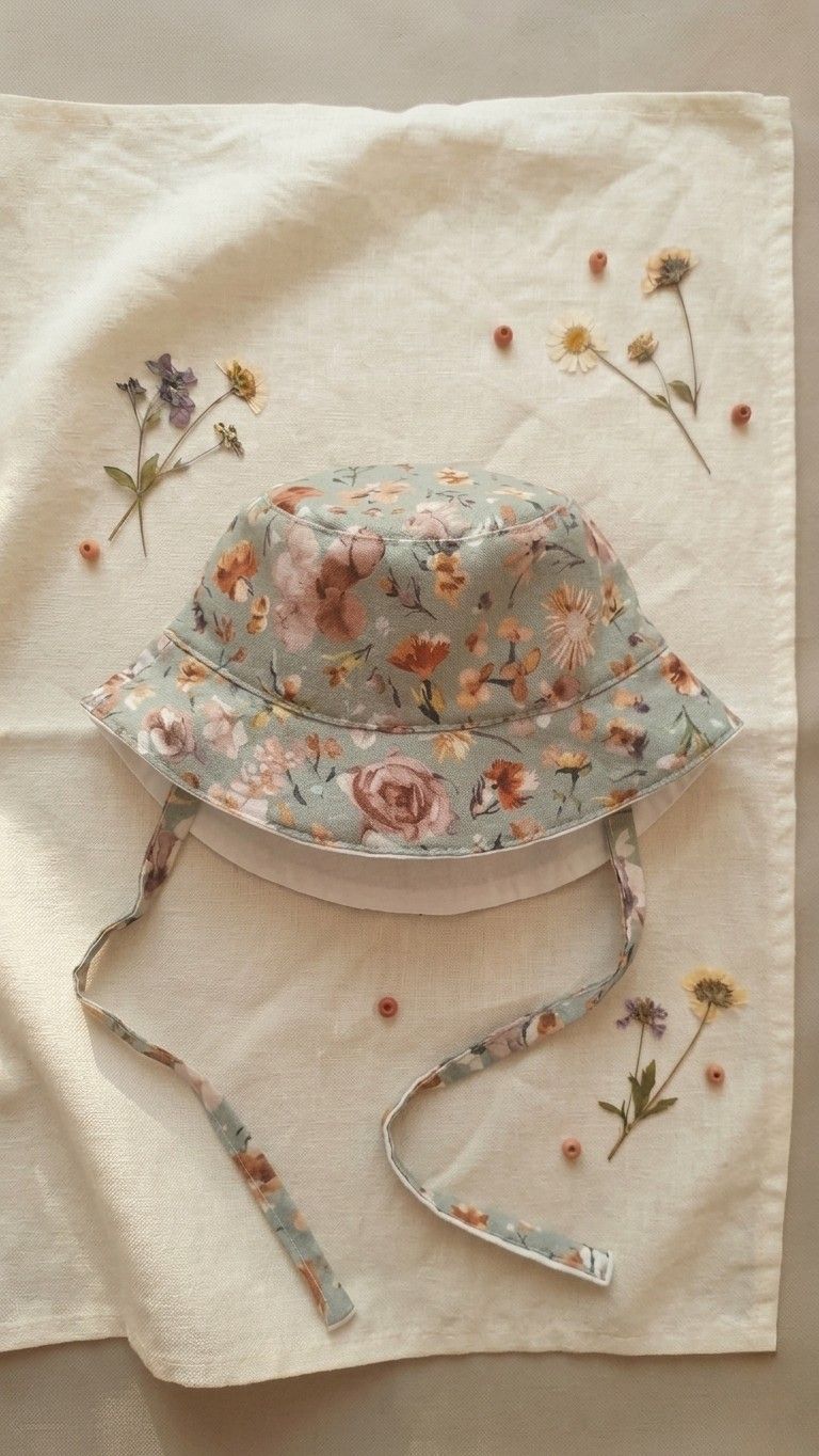 A flat lay photograph of the Primavera baby bucket hat in a soft sage green fabric with a white paisley and floral pattern. The hat features a matching chin strap and a small green turtle brand label on the brim. It is styled on a neutral linen surface next to a sprig of dried lavender and a small stone in soft, natural light.
