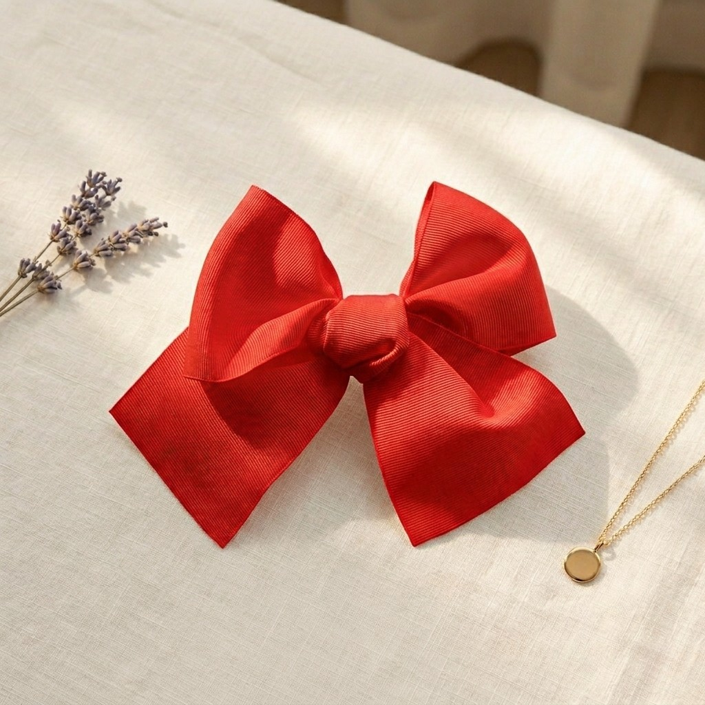 A product flat-lay photograph of a large 14 cm vibrant red ribbed fabric hair bow clip, centered on a soft cream linen backdrop. The bow features full structured loops, a central knotted band, and wide flared tails. A sprig of dried lavender is positioned on the upper left, and a delicate gold chain necklace with a round pendant rests on the lower right.