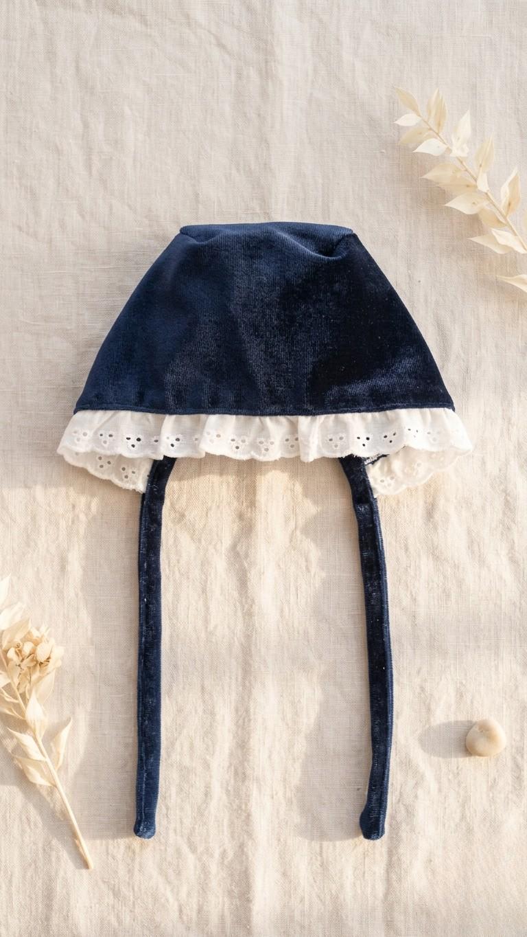 A flat lay photograph of a royal blue velvet baby bonnet on a neutral linen fabric. The bonnet features a wide white scalloped eyelet lace trim and long matching velvet ties, styled with dried botanical stems and a small smooth stone in soft, natural light.