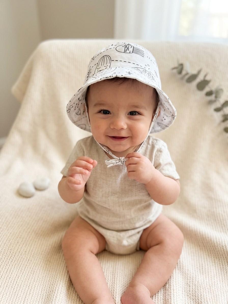A lifestyle photograph of a smiling baby wearing an "Under the Sea" bucket hat with black line-art illustrations of ocean life and characters on a white background. The baby is also wearing a neutral linen-colored bodysuit and is sitting on a cream knitted blanket. The hat features a matching chin strap tied under the chin.