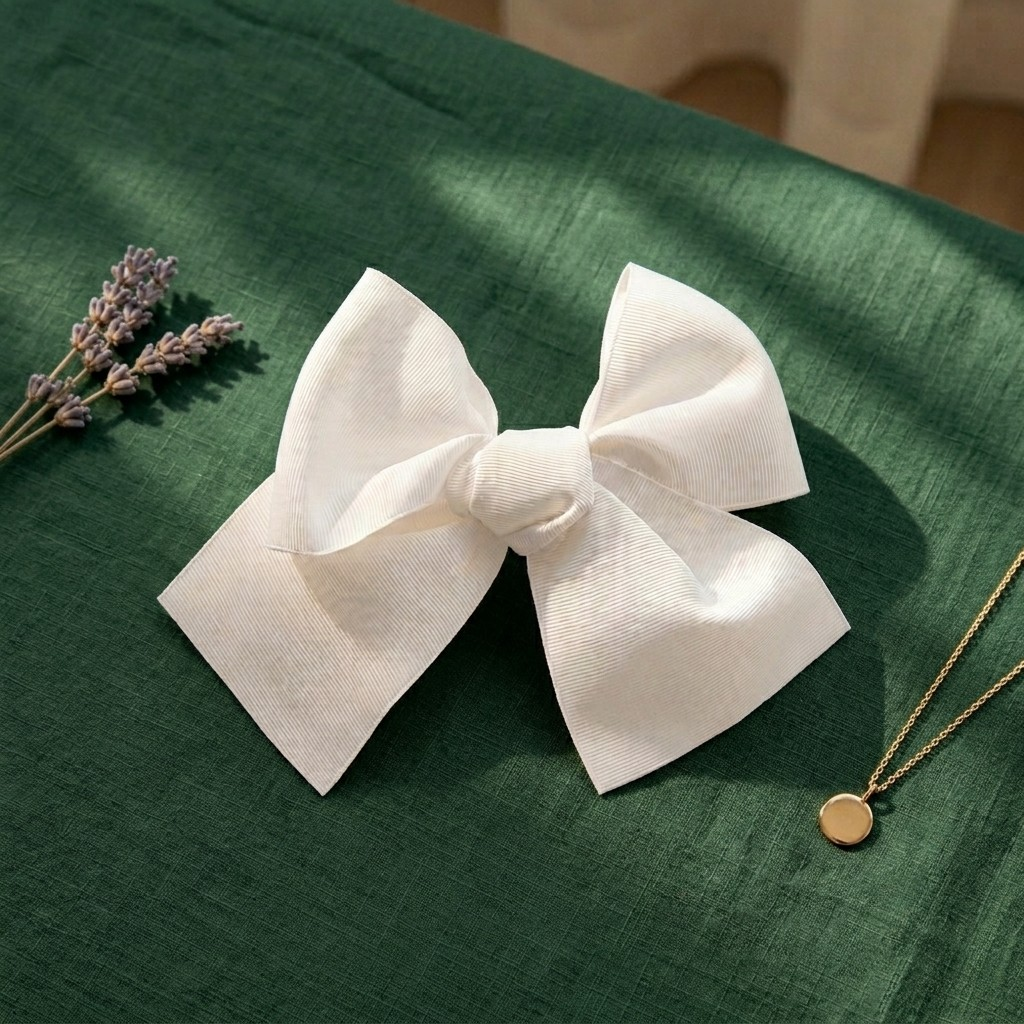 A product flat-lay photograph of a large 14 cm crisp white fabric hair bow clip, centered on a deep forest green textured cloth backdrop. The bow features structured wide loops, a tied center knot, and wide angled tails. A sprig of dried lavender rests to the left, and a delicate gold chain necklace with a round pendant lies on the right.