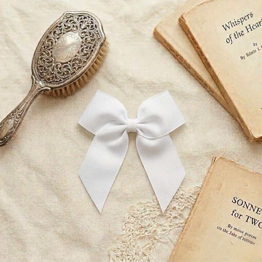 A flat lay photograph of a crisp white grosgrain ribbon hair bow with long tails. The bow is centered on a neutral linen fabric, surrounded by vintage aesthetic props including an ornate silver hairbrush and antique books.